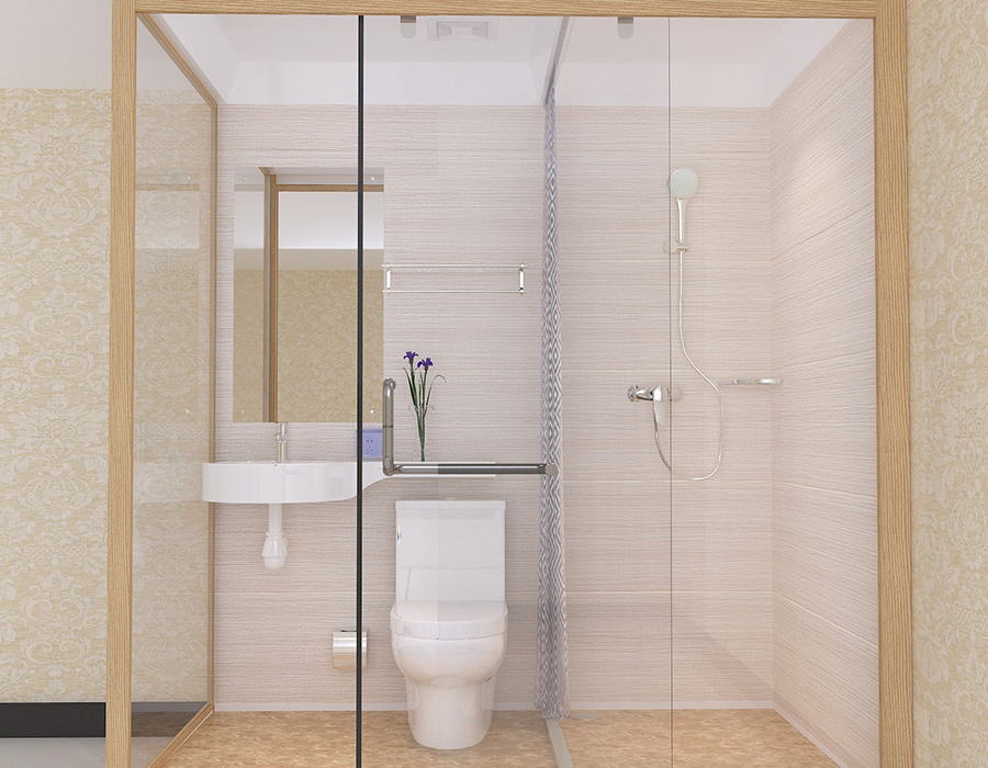 Hotel Modular Badrum med PEC Resin Fiber inre paneler och glas ytterväggar